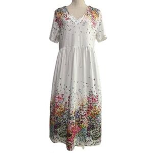 Noracora Womens Dress A-Line Midi Scallop Bodice Short Sleeve White Sz M Floral